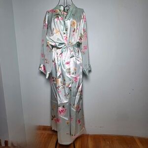 Oscar de la Renta Pink Label Satin Floral Robe Long Mint Green L/XL Belted Loung